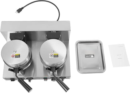 Commercial Dual-Head Rotating Non-Stick Round Belgian Waffle Maker - 2400W Stainless Steel Waffle Iron Machine for Restaurant or Bakery - Temperature and Time Control, 110V