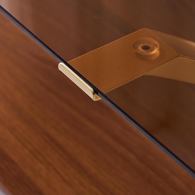 Coffee Table for Living Room and Bedroom, 2-Tier Mid-Century Modern Table with Amber Tempered Glass Top and Walnut Finish Wood Shelf, Strong Metal Legs with Gold Finish