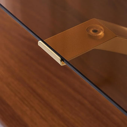 Coffee Table for Living Room and Bedroom, 2-Tier Mid-Century Modern Table with Amber Tempered Glass Top and Walnut Finish Wood Shelf, Strong Metal Legs with Gold Finish
