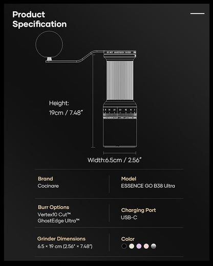 Cocinare ESSENCE GO B38 Ultra Manual Coffee Grinder – with Carrying Case Hand Grinder Capacity 30g, GhostEdge Ultra Burr & 80 Grind Settings, Perfect for Pour-over, Espresso, Cold Brew (Vintage White)