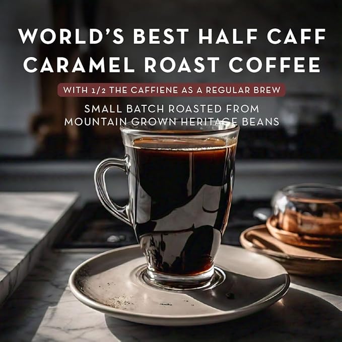 World's Best Half Caff Caramel Coffee Pods, 18 ct, Medium Roast Flavored Coffee in Recyclable Single Serve Pods – 100% Arabica Beans, Compatible with Keurig K Cups Maker