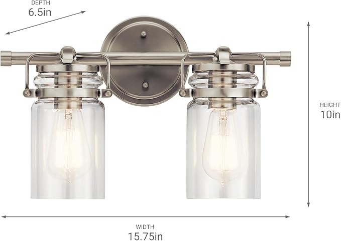 Kichler Brinley 15.75" Vanity Light in Brushed Nickel, 2-Light Farmhouse Bathroom Vanity Light with Clear Glass, (15.75" W x 10" H), 45688NI