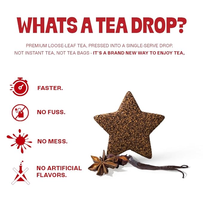 Tea Drops 30 Bulk Pack Organic Spiced Chai Bagless Tea - Loose Leaf, Lightly Sweetened, On-The-Go. Plastic-Free - Iced or Hot Tea