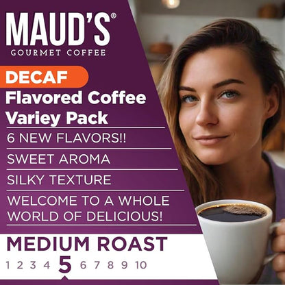 Maud's Flavored Decaf Coffee Pods Variety Pack, 24 ct, 6 Assorted Roasts & Flavors, Decaf Medium Roast Coffee in Recyclable Single Serve Pods - 100% Arabica Coffee, Compatible with Keurig K Cups Maker