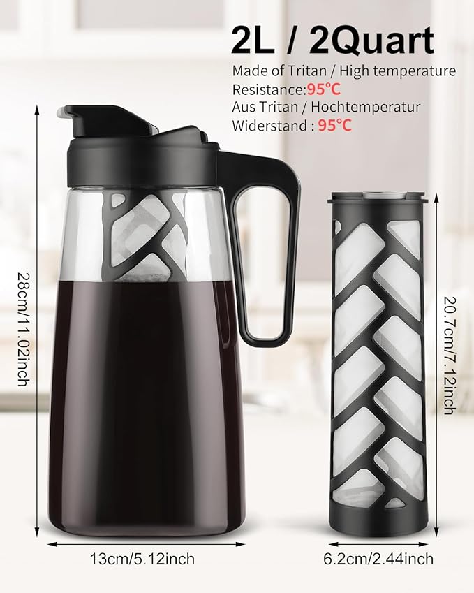 Sivaphe Large Ice Cold Coffee Maker 2 Quart, Dishwasher Safty Traitan Carafe Pitcher Leak Proof, Reusable Filter 64 oz Iced Hot Coffee Tea Method Brewer