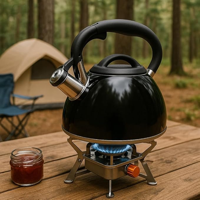 Creative Home 3.5 Quart Whistling Tea Kettle for Stovetop, Food Grade Stainless Steel Tea pot, Fast Boiling Water, Ergonomic Handle, for Gas & Induction, Black