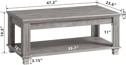 Farmhouse Coffee Tables for Living Room,Square Tea Table with Open Storage Shelf,Large Coffee Table,Rustic Wooden Center Table,Gray
