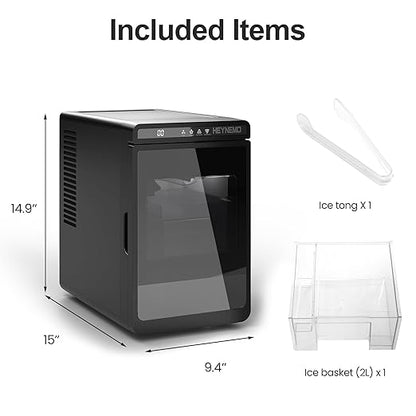 HEYNEMO Clear Ice Maker – Compact Countertop Ice Machine with 1.6" Square Ice Cubes, Fast 10-Min Ice Production, Self-Cleaning,LED Light & Timer，Portable Electric Ice Maker for Kitchen, Bar, RV, Black