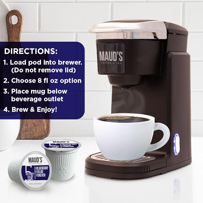 Maud's Blueberry Flavored Coffee Pods, 50 ct, Medium Roast Flavored Coffee in Recyclable Single Serve Pods – 100% Arabica Beans, Compatible with Keurig K Cups Maker