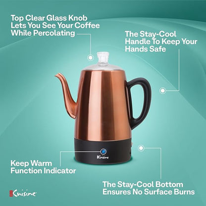 Euro Cuisine PER08 Stainless Steel Electric Coffee Percolator, 8 Cup, Polished Copper Finish, Dripless Gooseneck Spout, Clear Glass Knob, Brewing Indication, Keep-Warm Function, Detachable Cord