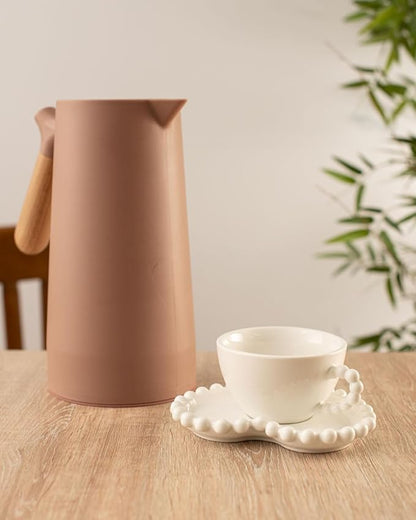 WOLFF - Thermal Coffee Carafe – 34oz/1L Insulated Food-Safe Plastic Exterior and Glass Liner, Wood-Style Handle – Keeps Drinks Hot or Cold for Hours, Coffee and Tea Dispenser - Nude Pink, 34floz/1L