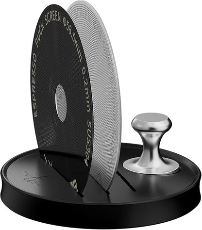 MHW-3BOMBER 58mm Espresso Puck Screen - 0.2mm Ultra Thin Espresso Puck with Round Hole - Metal Reusable Coffee Filter for Portafilter Basket 58mm - Puck Screen with Stand 3 Pack FG7054-OS