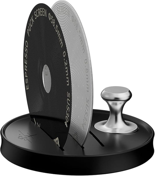 MHW-3BOMBER 58mm Espresso Puck Screen - 0.2mm Ultra Thin Espresso Puck with Round Hole - Metal Reusable Coffee Filter for Portafilter Basket 58mm - Puck Screen with Stand 3 Pack FG7054-OS