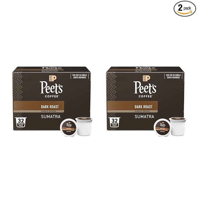 Peet's Coffee, Dark Roast Single Serve Coffee Pods - Single Origin Sumatra 64 Count (2 Boxes of 32 Pods)