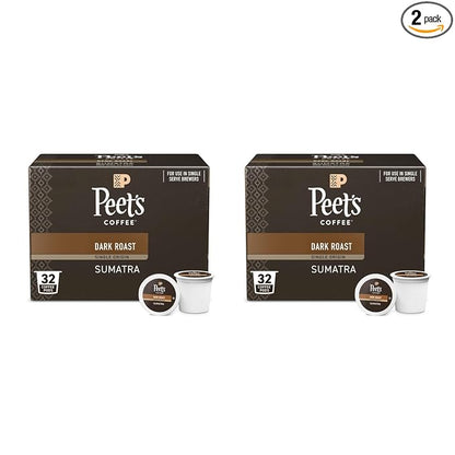 Peet's Coffee, Dark Roast Single Serve Coffee Pods - Single Origin Sumatra 64 Count (2 Boxes of 32 Pods)