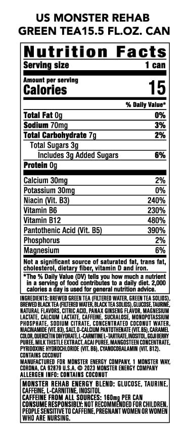 Monster Energy Rehab Green Tea + Energy, Energy Iced Tea, Energy Drink 15.5 Ounce (Pack of 15)