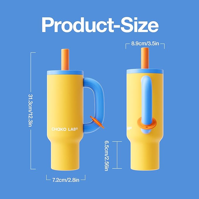 BaWang Insulated Stainless Steel Tumbler | Tumbler with Handle and Straw 33oz | Cup Holder Friendly for Travel | Leakproof Water Bottle | BPA-Free | 316 stainless steel liner| yellow＆blue