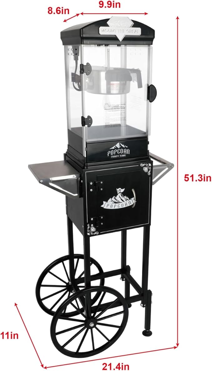 10oz Popcorn Machine with Cart, Wheels & Stainless Steel Kettle, Vintage Movie Theater Style, Popcorn Maker Machine for Parties, Events, Home & Commercial Use, Black