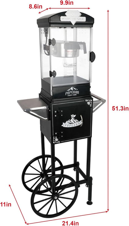 10oz Popcorn Machine with Cart, Wheels & Stainless Steel Kettle, Vintage Movie Theater Style, Popcorn Maker Machine for Parties, Events, Home & Commercial Use, Black