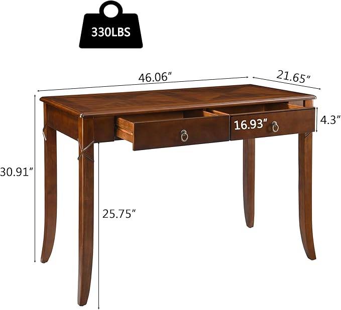 PADMA HOUSE Solid Wood Console Table with 2 Drawers, 46" L Tradional Sofa Table with Dual Hourglass Tabletop, Large Secretary Desk Entry Table for Home Office, 46.06 * 21.65 * 30.91in