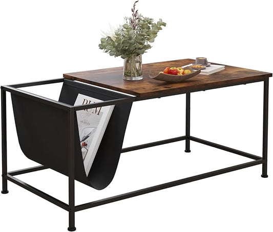 SENIG Brown Rectangle Wood and Metal Coffee Table with Storage Shelf for Small Living Rooms with Pocket