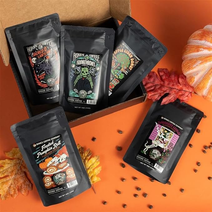 Bones Coffee Company Fall Favorites Pack, 5 Assorted Flavored Coffee Low Acid Medium Roast Arabica Beans Specialty Coffee Gifts, Auto Drip and French Press Compatible, 4 oz Pack of 5 Whole Bean