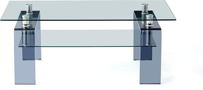 Glass Coffee Table Rectangle Living Room Center Table with Storage, Clear Tempered Glass Tabletop and Smoke Grey Leg,for Living Room and Office (Clear+Smoke)