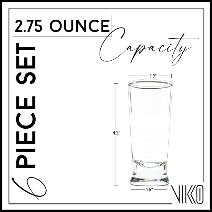 Vikko 2.75 Ounce Shot Glasses, Set of 6 Small Liquor and Spirit Glasses, Durable Tequila Bar Glasses For Alcohol and Espresso Shots, 6 Piece Shooter Glass Set