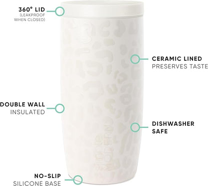 Simple Modern Travel Coffee Mug Tumbler with 360° Lid | Ceramic-Lined Insulated Stainless Steel Cold Brew Iced Coffee Cup Thermos | Gifts for Women Her Him | Voyager Signature | 16oz | Cream Leopard
