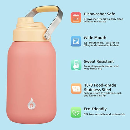 BJPKPK Half Gallon Insulated Water Bottles, 64oz Water Jug with Metal Handle & BPA Free Spout Lid, Dishwasher Safe Thermo, Large Stainless Steel Gym Sport Jugs, Pink