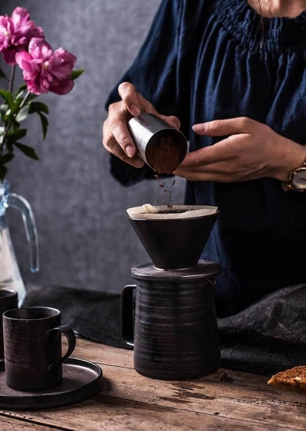 Stoneware Handmade Pour Over Coffee Maker Set, Ceramic Coffee Brewer Hand Drip Cone Dripper & Coffee Pot Microwaveable Decanter, Retro Metallic Glaze, 16oz