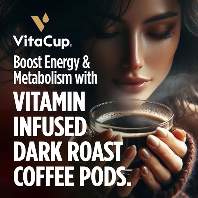VitaCup Energy Dark Roast Coffee Pods, Boost Focus & Metabolism, Antioxidants, B Vitamins, Bold & Smooth,100% Arabica Coffee, Recyclable Single Serve Pod Compatible with Keurig K-Cup Brewers,64 Ct