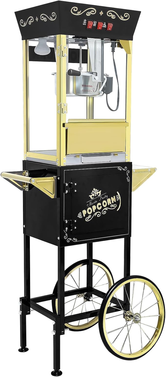 Vintage Popcorn Machine with Cart, 12oz Popper Stainless-Steel Kettle & Warming Light, Makes Up to 60 Cups, Ideal for Family Gatherings, Movie Theaters & Amusement Parks, Black&Gold