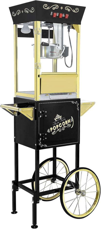 Vintage Popcorn Machine with Cart, 12oz Popper Stainless-Steel Kettle & Warming Light, Makes Up to 60 Cups, Ideal for Family Gatherings, Movie Theaters & Amusement Parks, Black&Gold