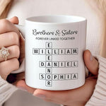 Load image into Gallery viewer, Family Forever Linked Together Custom Names Ceramic Mug, Crossword Puzzle Art, for Birthday, Anniversary or Special Occasions (Brothers &amp; Sisters Forever Linked Together White Mug Ver 1)