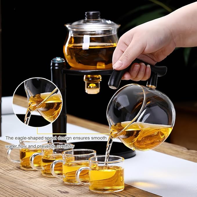 Kungfu Magnetic Teapot Glass Magic Tea Set Semi-Automatic Water Guide Magnetic Teapot with Infuser Heat-Resistant Glass Magic Tea Pot Perfect Holiday Gifts (Black)
