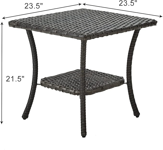 HUMMUH Outdoor End Table,Patio Wicker Small Side Table, PE Rattan Coffee Table with 2-Tier Storage Shelf for Bistro Set Conversation Sets Grey