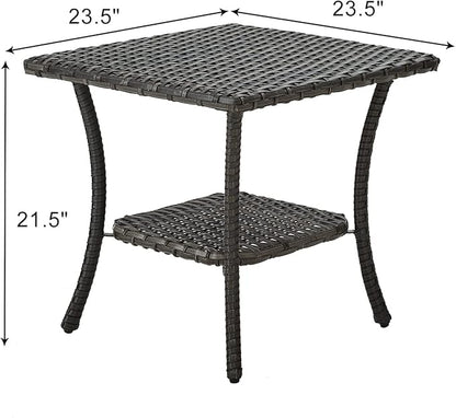 HUMMUH Outdoor End Table,Patio Wicker Small Side Table, PE Rattan Coffee Table with 2-Tier Storage Shelf for Bistro Set Conversation Sets Grey