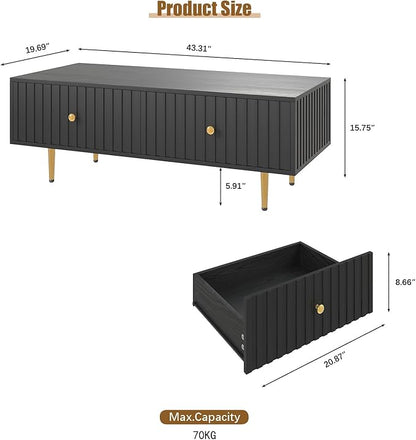Modern Coffee Table with Storage with 2 Big Drawers, Black Rectangle Coffee Table for Living Room, Wooden Fluted Table Accent Tea Table for Living Room Apartment Small Space