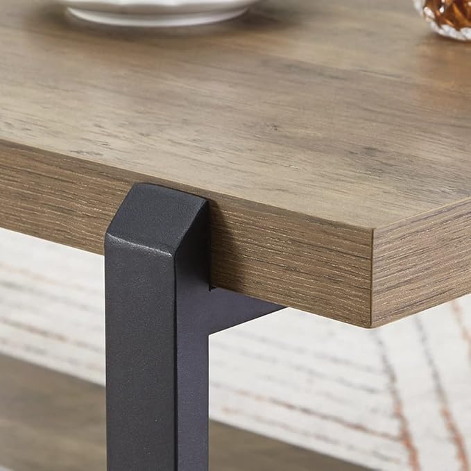 FOLUBAN Industrial Coffee Table with Shelf, Wood and Metal Rustic Cocktail Table for Living Room, Oak