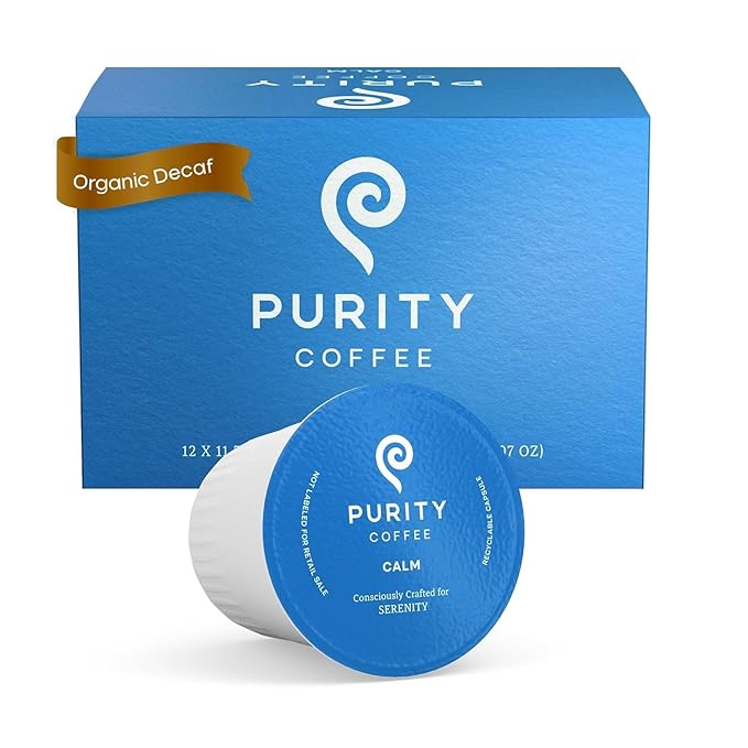 Purity Coffee CALM Decaf Medium Roast Organic Coffee - USDA Certified Organic Specialty Grade Arabica Single-Serve Coffee Pods - Third Party Tested for Mold, Mycotoxins & Pesticides - 12 ct Box
