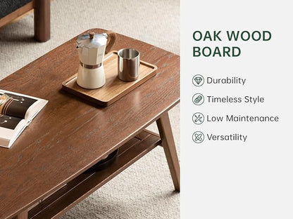 100% Solid Oak Wood Coffee Table for Living Room, 2-Tier Small Table with Storage Shelf, Mid Century Modern Coffee Tables (Walnut, 31.49“ x 22.05” x 17.32“)