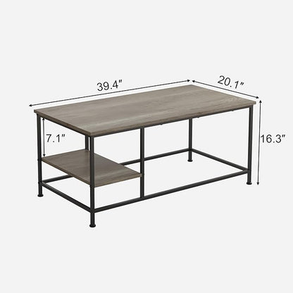 SENIG Grey Oak Rectangle Wood and Metal Coffee Table with Storage Shelf for Small Living Rooms with Shelf