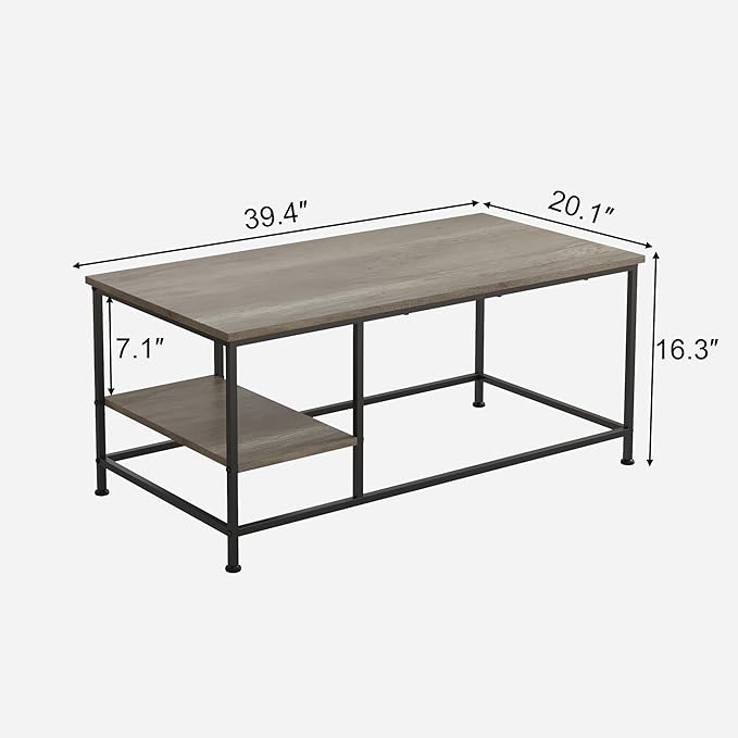 SENIG Grey Oak Rectangle Wood and Metal Coffee Table with Storage Shelf for Small Living Rooms with Shelf
