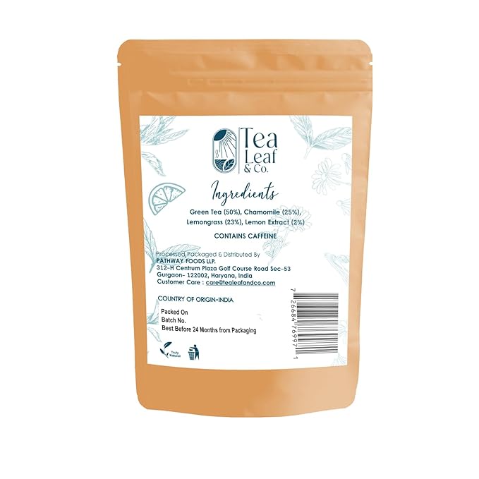 Tealeaf & Co. Chamomile Green Tea Loose Leaf with Lemon Extract and Lemongrass - Chamomile Tea - Contains Low Caffeine - Upto 50 Servings - Gluten Free (3.52oz/100gm)