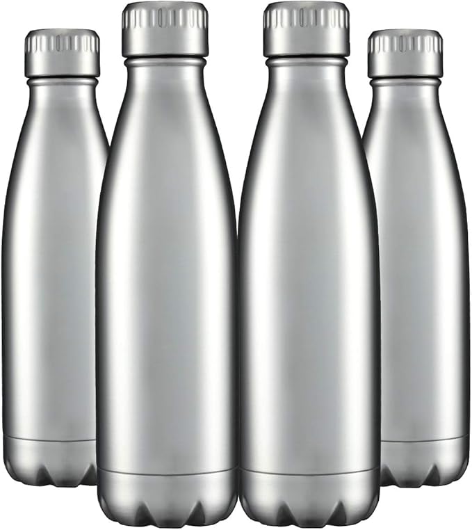HASLE OUTFITTERS 17oz Stainless Steel Water Bottles Bulk, Vacuum Insulated Water Bottles Double Walled Reusable Metal Sports Water Bottles Keep Drinks Hot and Cold, Stainless, 4Packs