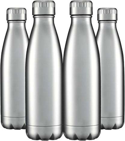 HASLE OUTFITTERS 17oz Stainless Steel Water Bottles Bulk, Vacuum Insulated Water Bottles Double Walled Reusable Metal Sports Water Bottles Keep Drinks Hot and Cold, Stainless, 4Packs