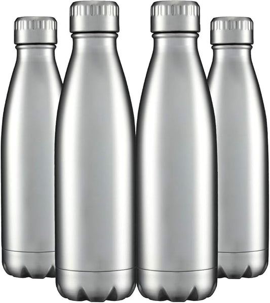 HASLE OUTFITTERS 17oz Stainless Steel Water Bottles Bulk, Vacuum Insulated Water Bottles Double Walled Reusable Metal Sports Water Bottles Keep Drinks Hot and Cold, Stainless, 4Packs