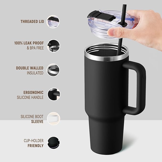 COKTIK 40 oz Tumbler With Handle and Straw Lid, Vacuum Insulated Travel Coffee Mug Stainless Steel Insulated Cup for Beverages, Leak-proof, Cupholder Friendly (Black)