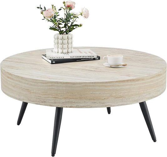 31.5" Modern Round Coffee Table,Small Coffee Tables Center Table with Metal Legs Wood Mars Marble-Patterned Tabletop for Living Room Office Apartment,Easy to Assemble, Wood Mars Marble